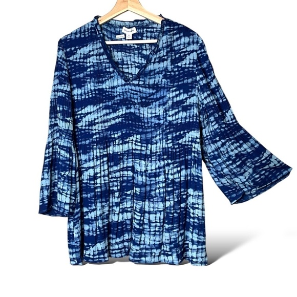 CHLOE + RENE Easy Care Poly Pleated Tie Dye Tunic Blouse Bell Sleeves US Sz XL - Picture 1 of 11